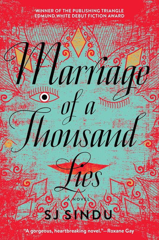 The red book cover for Marriage of a Thousand Lies has a splash of blue at the centre that allows for a red pattern to emerge, with diamonds, and swirls. In the blue, you can see a pair of eyes and red lips.