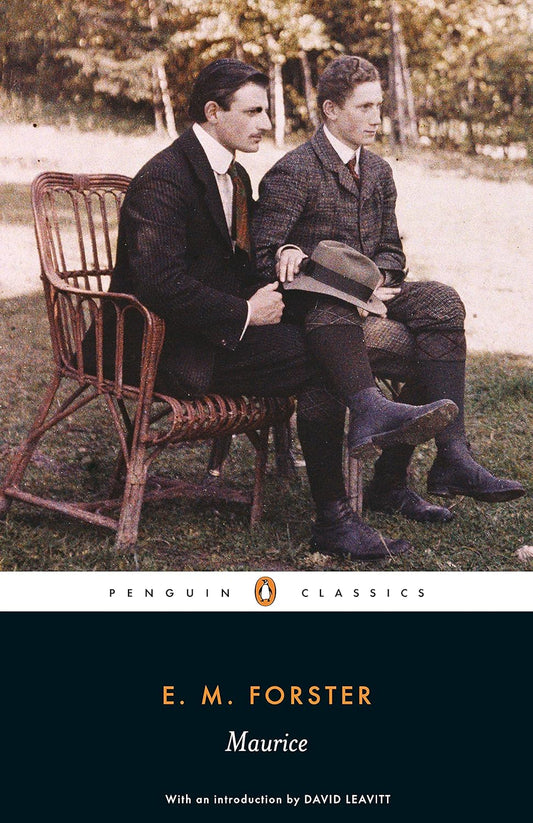 The book cover for Maurice. Two white Victorian men in formal attire sit together on a park bench.