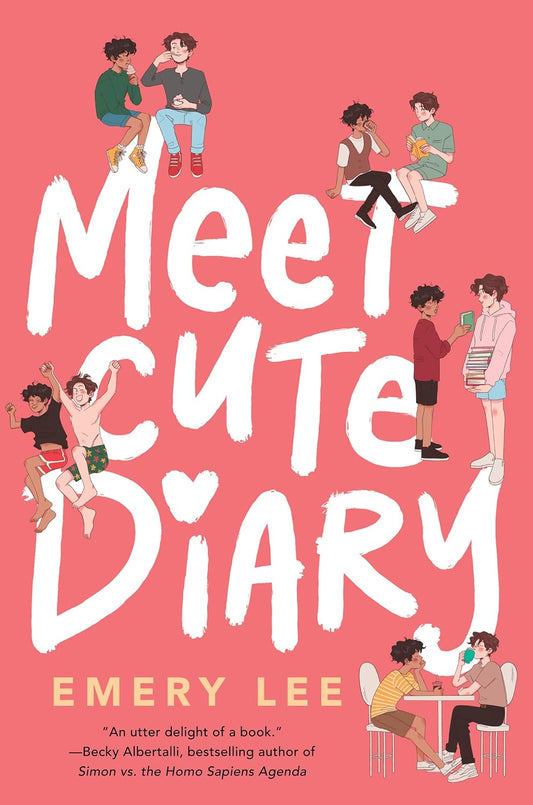 The pink book cover for Meet Cute Diary shows the same two boys dotted around the cover doing different activities together - drinking tea, jumping in a pool, reading books, etc.
