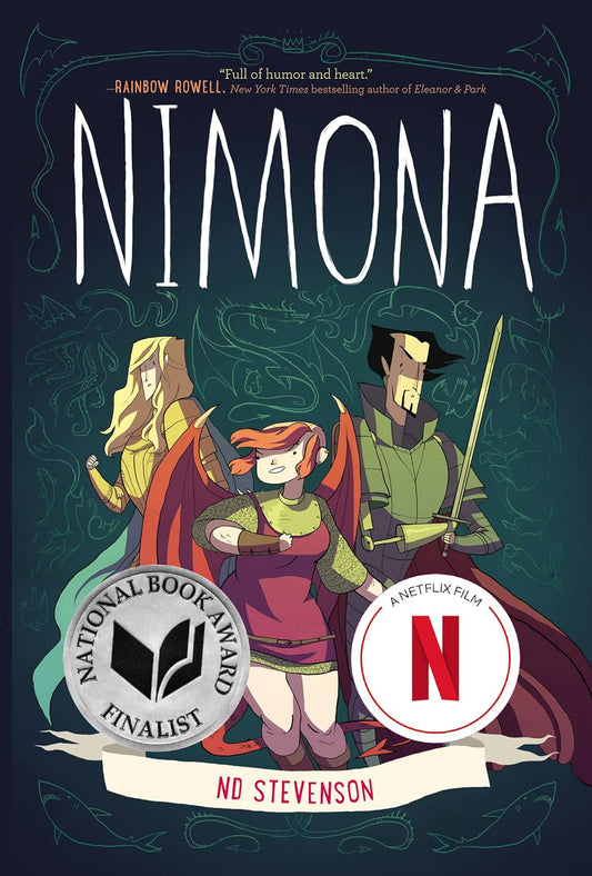 The book cover for Nimona shows two knights standing behind a young girl with dragon wings. Around them are illustrations of various creatures Nimona can transform into.