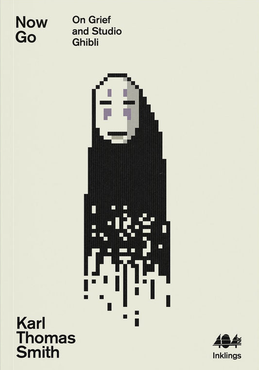 The book cover for Now Go has the character No-Face from the Studio Ghibli film, Spirited Away, on the cover. No-Face wears a white mask with black slits for their eyes and mouth, and the rest of their body is covered by a black cloak.