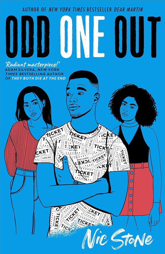 The blue book cover for Odd One Out shows three teenagers - two girls and one boy - looking off in different directions.