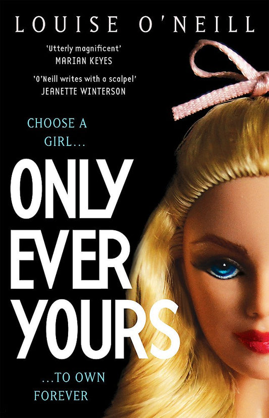 The head of a white Barbie doll with blonde hair, blue eyes, and red lips stares at the viewer. Only half of her face is shown. Text on the black cover reads “Choose a girl to own forever.”