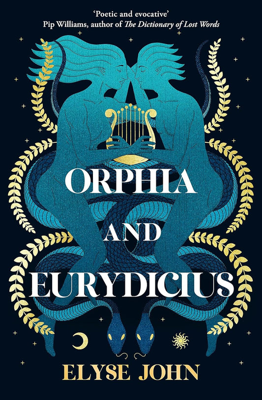 The book cover for Orphia and Eurydicius shows an illustration of a naked woman and man facing one another with their eyes closed. A lyre is between them and two snakes slither between their legs.