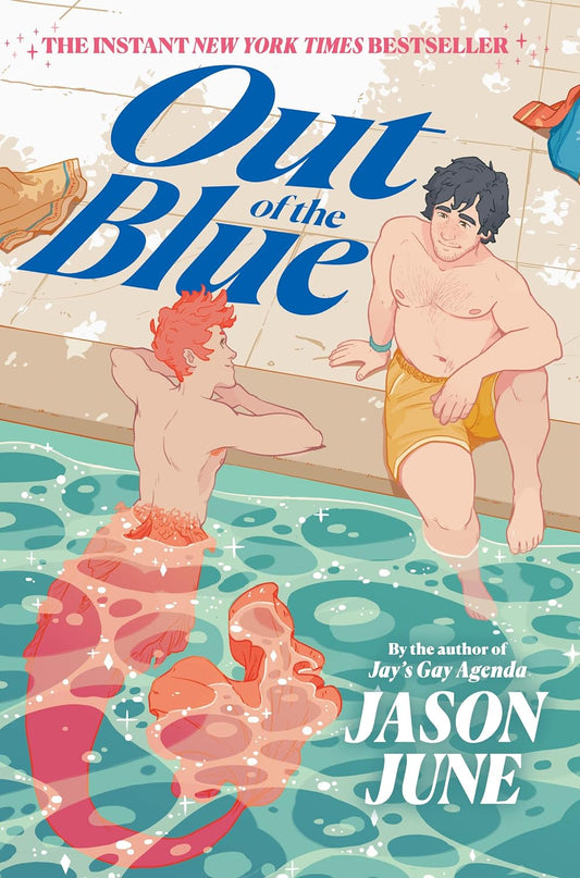Out of the Blue's book cover shows a teen boy and mermaid enjoying a pool. The human boy is sat on the edge with his legs dangling in the water, the mermaid is in the water with his red tail glistening.