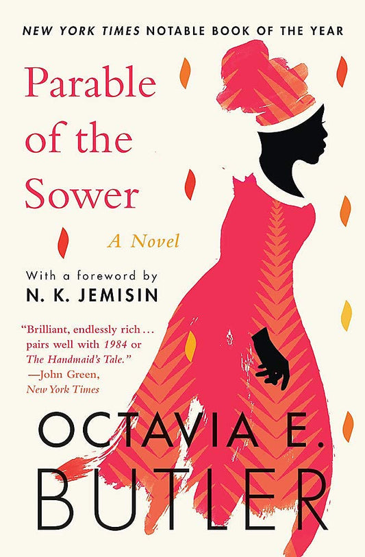 The white book cover for the Parable of the Sower shows a silhouette of a black woman wearing a red dress and hair tie beside the title.