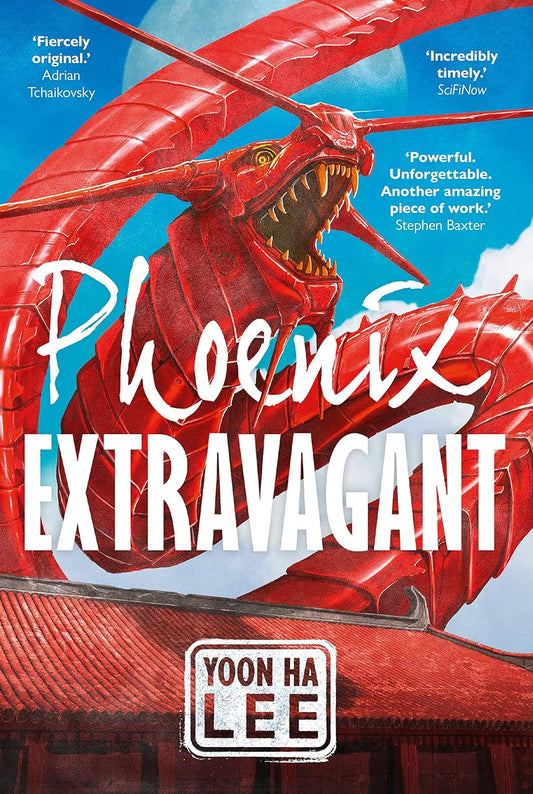 The book cover for Phoenix Extravagant shows a red dragon automaton in front of a blue sky.