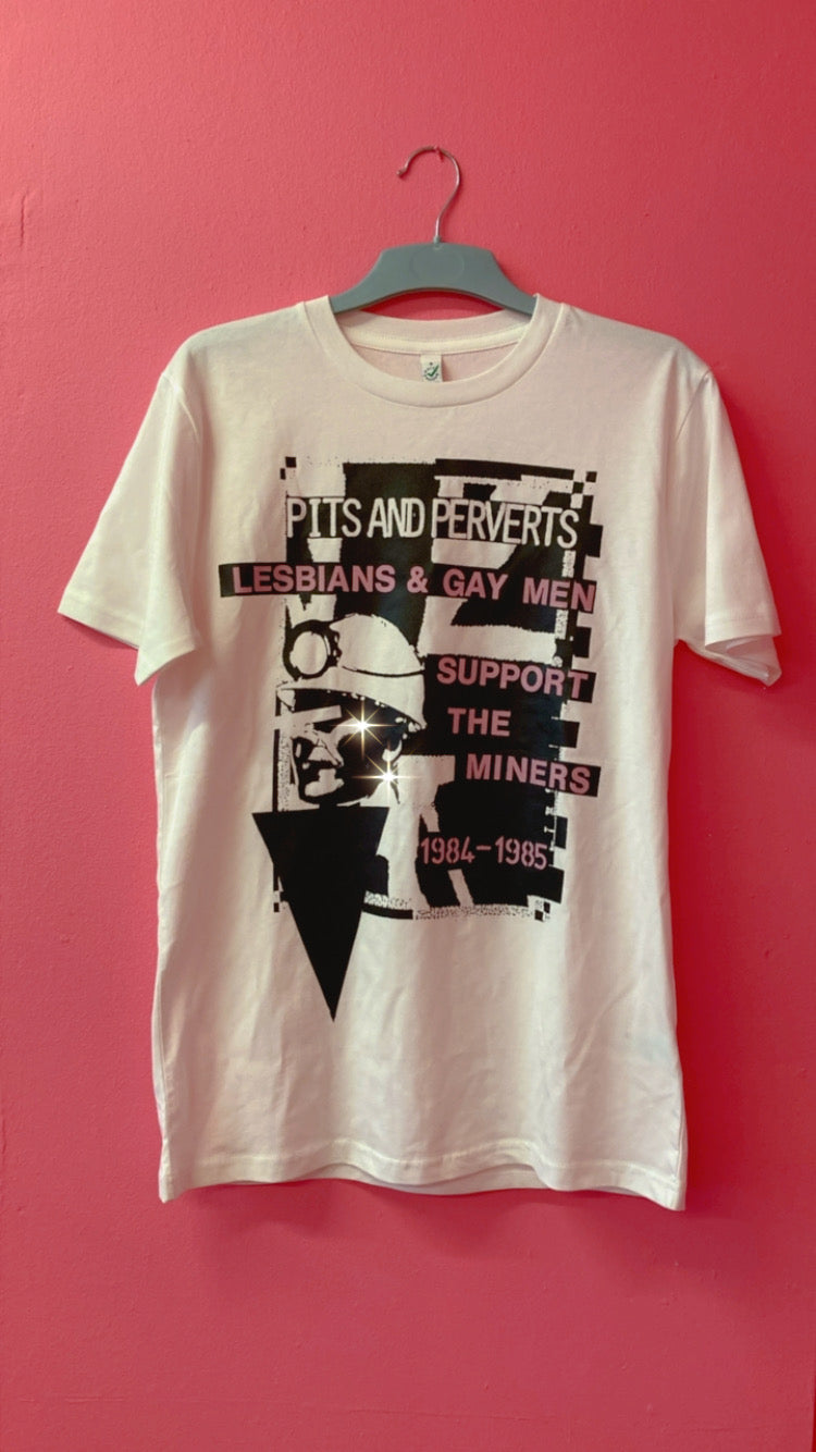 T-shirt reproduction of poster artwork by Kevin Franklin advertising the Pits and Perverts Ball. It's black and white with the image of a miner with his eyes covered by a white rectangle and information about the event in text around it.