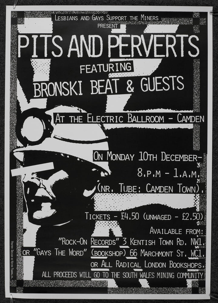 Reproduction of poster artwork by Kevin Franklin advertising the Pits and Perverts Ball. It's black and white with the image of a miner with his eyes covered by a white rectangle and information about the event in text around it.