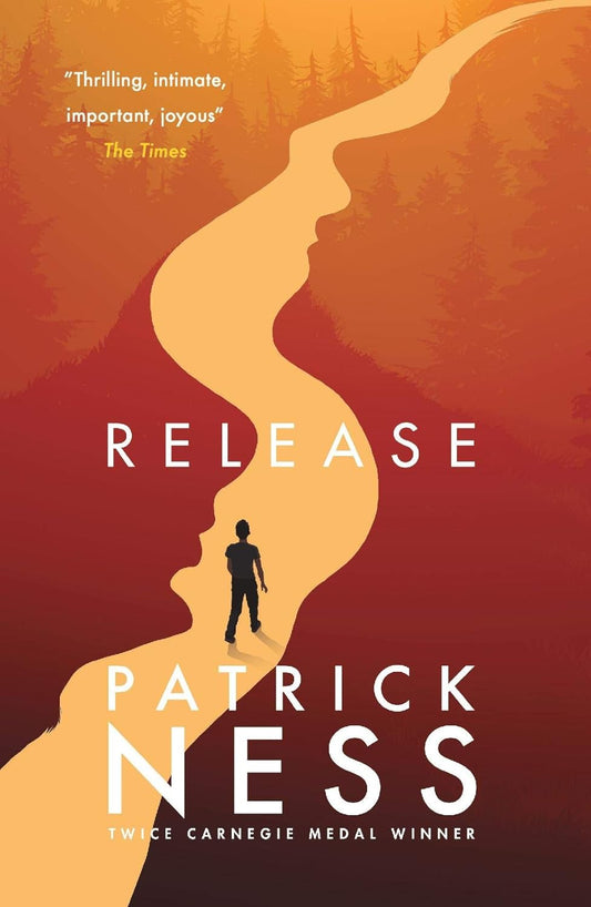 The book cover for Release shows a forest in hues of orange. Split down the middle is a path with a young boy walking down it. The path is a slight optical illusion as it looks like the side profile of a woman.