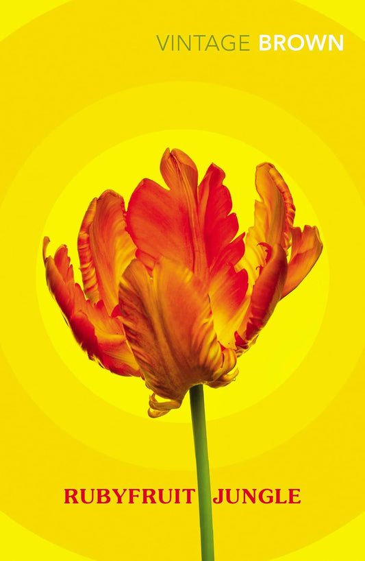 The cover for Rubyfruit Jungle. An orange flower on a yellow background.