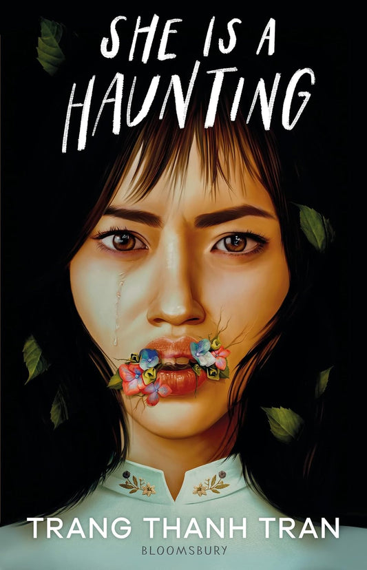 The book cover for She Is a Haunting shows the portrait of a crying lady  with flowers coming out of her month.