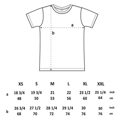 A size chart for the t-shirts.