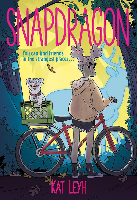 A young determined black girl, Snapdragon, stands in the woods with her bike. Her dog sits in the basket and a spirit deer stands behind them.