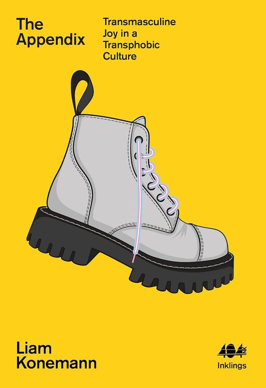 The yellow book cover for The Appendix shows a grey combat boot with laces in the trans flag colours (blue, pink, and white).