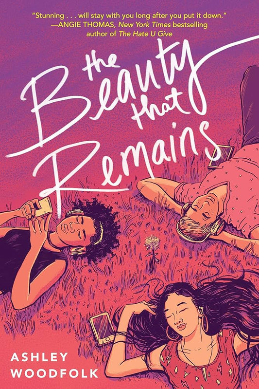 The book cover for The Beauty That Remains shows three teenagers laid on a field listening to music with wireless headphones.