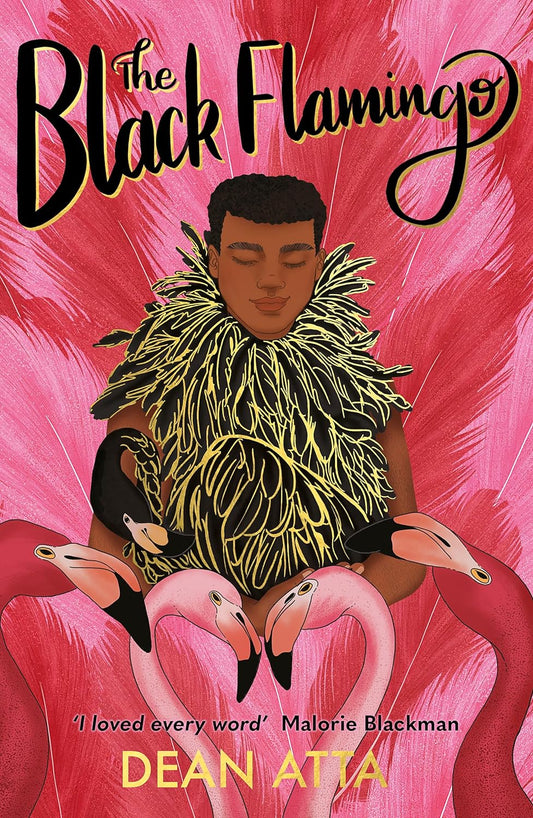 A black teenage boy with short hair is dressed as a black flamingo. Pink flamingos surround him. The title “Black Flamingo” sits at the top of the book cover.