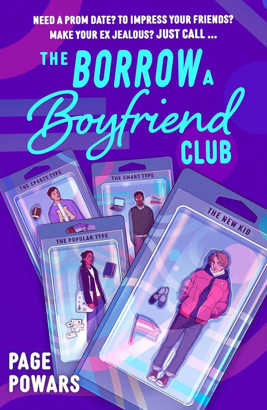 The purple book cover for The Borrow a Boyfriend Club has 4 teenage boys packed like dolls, with titles given to each of them: The Sporty Type, The Popular Type, The Smart Type, and The New Kid.