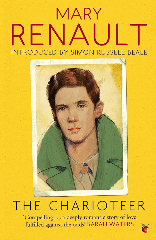 The book cover for The Charioteer is bright yellow with the portrait of a young man with short ginger hair. 