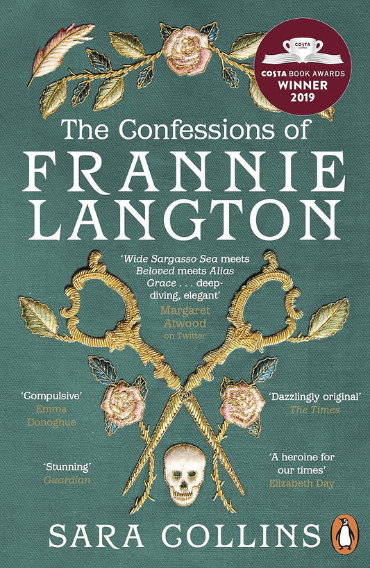 The book cover for the Confessions of Frannie Langton has embroidered flowers as well as a pair of embroidered scissors open over a small skull.