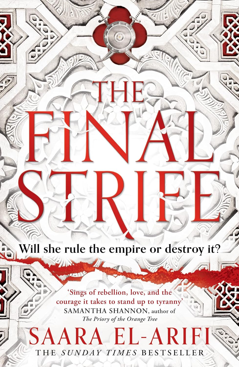 The white book cover for The Final Strife shows a wall with Celtic carvings. A shield with two swords behind it hangs at the top of the cover. Black text reads "Will she rule the empire or destroy it?"