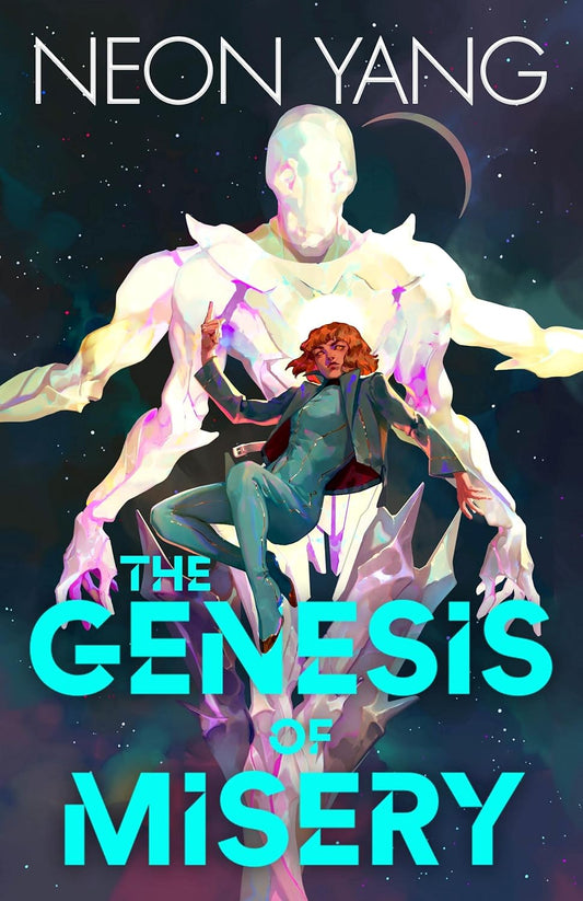 The book cover for The Genesis of Misery shows a white, crystal angel in space. A person floats in front of them, with ginger hair and wearing blue attire.