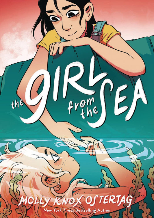 The book cover for The Girl From The Sea shows a white teenage girl placing her hand in the sea to touch the hand of the mermaid below.