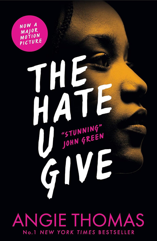 The book cover for The Hate U Give shows the portrait of a young black teen girl with darkness surrounding her.