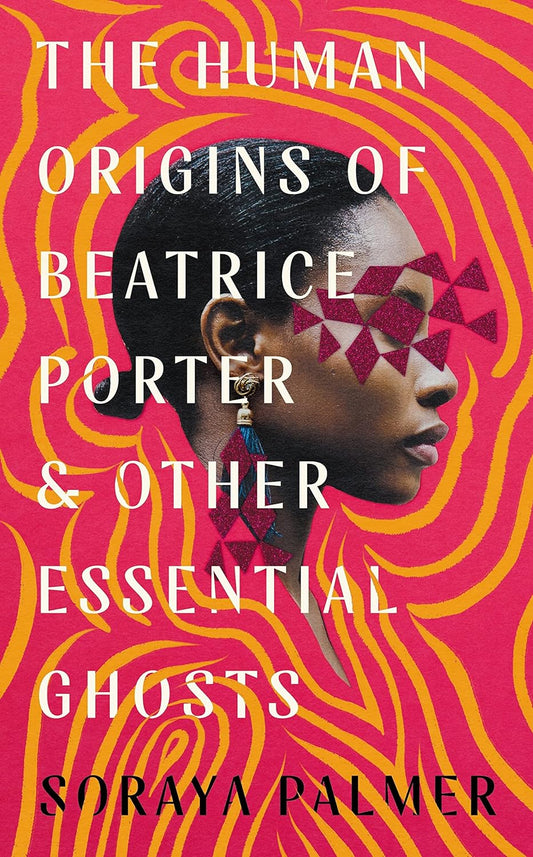 The pink book cover for The Human Origins of Beatrice Porter  has the side profile of a black lady, her slick black hair tied into a bun. Her eyes are covered by glittering diamond shapes, and from her radiates multiple orange lines.