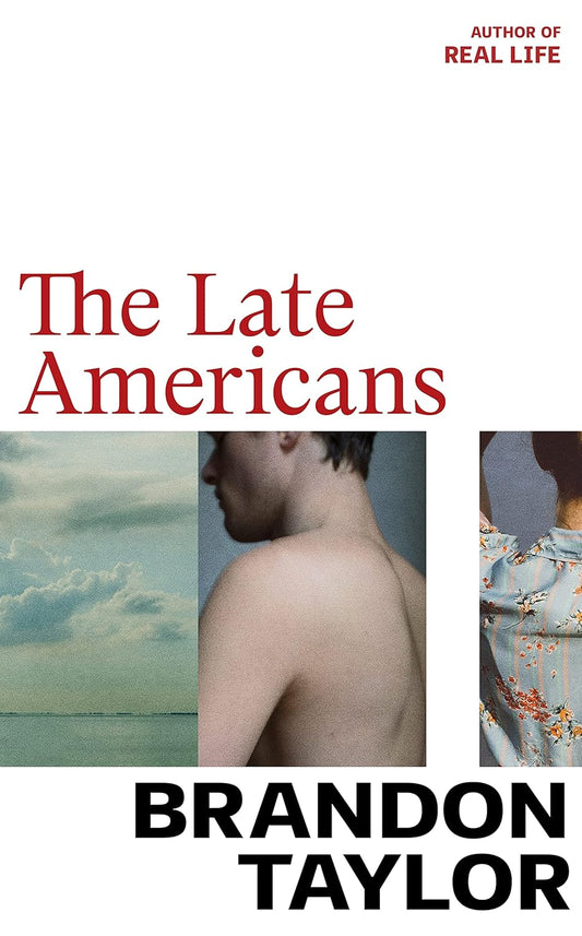 The white cover for The Late Americans has three panels - one showing an image of clouds, one showing the back of a shirtless young man, the other showing a lady tying her hair up.
