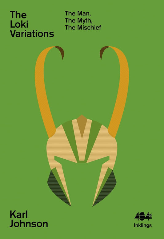 The green book cover for The Loki Variations has Loki's golden helmet with horns in the centre.