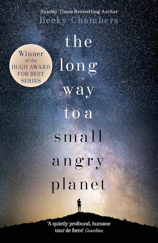 The book cover for The Long Way to a Small, Angry Planet shows a tiny figure stood at the top of a mountain, looking up at the night sky full of billions of stars.