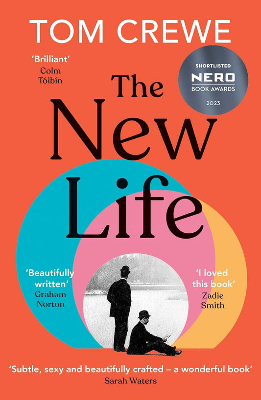 The orange book cover for The New Life has a circular black and white photograph of two Victorian men by a lake. Two overlapping colourful circles (blue and yellow) sit behind this photograph.