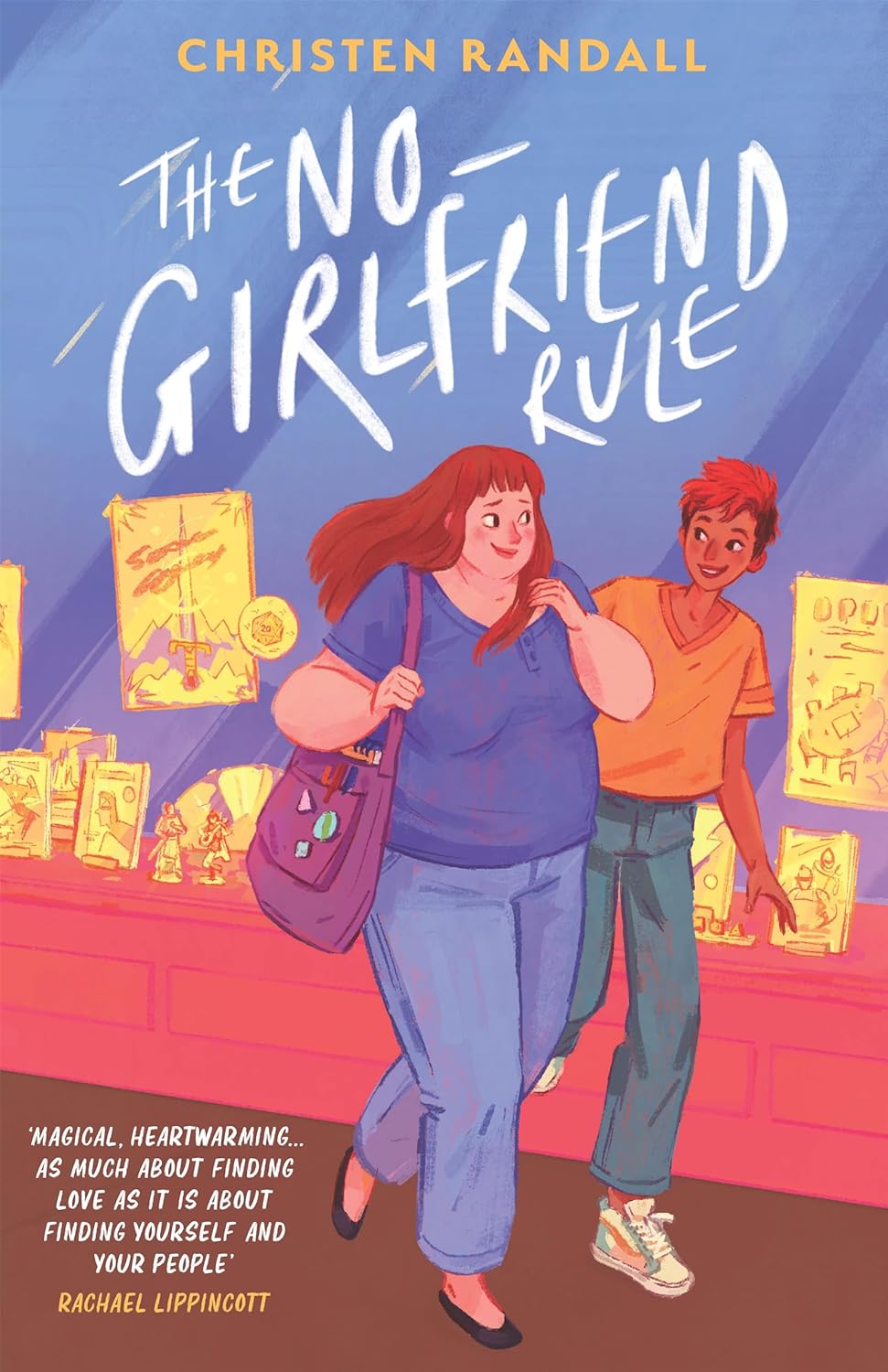 The book cover for The No-Girlfriend Rule has two teen girls, one white and chubby, one brown and thin, walking past a window of a table-top gaming shop. Both of them are smiling at each other and blushing.