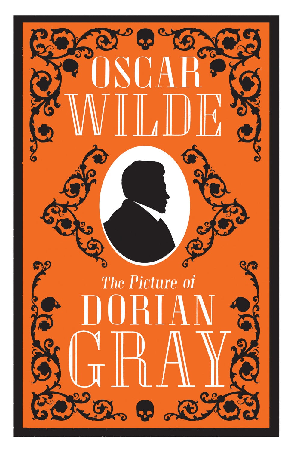 The orange cover of The Picture of Dorian Gray. A black silhouette side profile of Dorian sits in the centre of the cover.