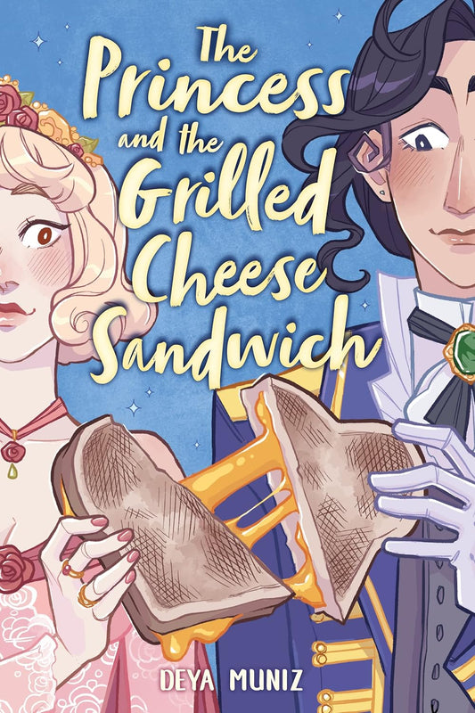 The blue book cover for The Princess and the Grilled Cheese Sandwich shows two ladies standing side by side, the lady on the left is very feminine and the lady on the right masculine. They both each hold a half to one grilled cheese sandwich, the cheese stringing between the separated pieces.