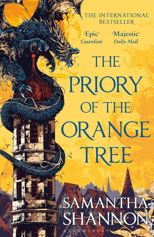 The yellow book cover for The Priory of the Orange Tree shows a dragon wrapped around a tower, baring its fangs.