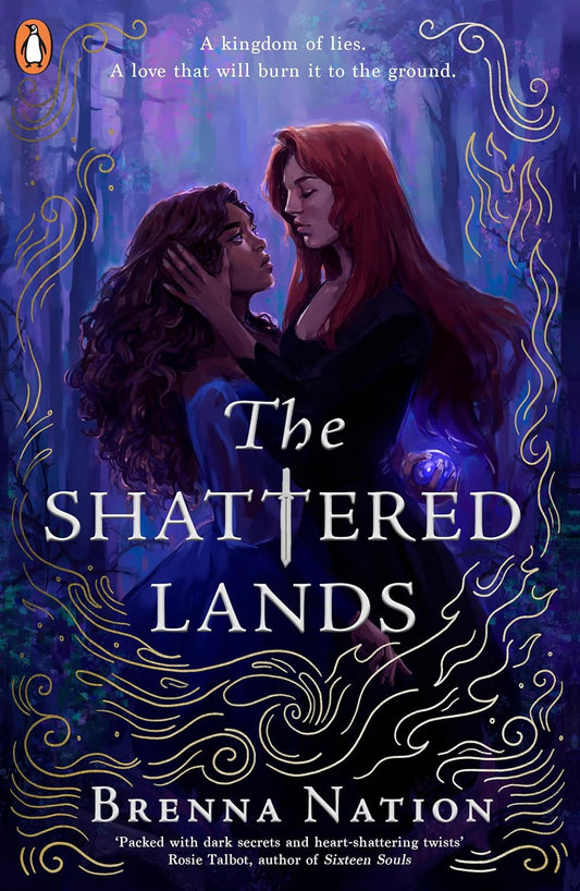 The Shattered Lands book cover shows a white lady with red hair caressing a black lady. The black lady looks at her warily, and holds a glowing orb behind the lady's back.