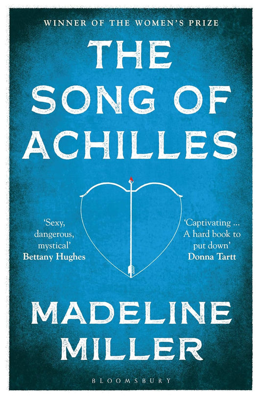 The blue book cover for The Song of Achilles. At the centre is a white bow and arrow and the shape resembles a heart.