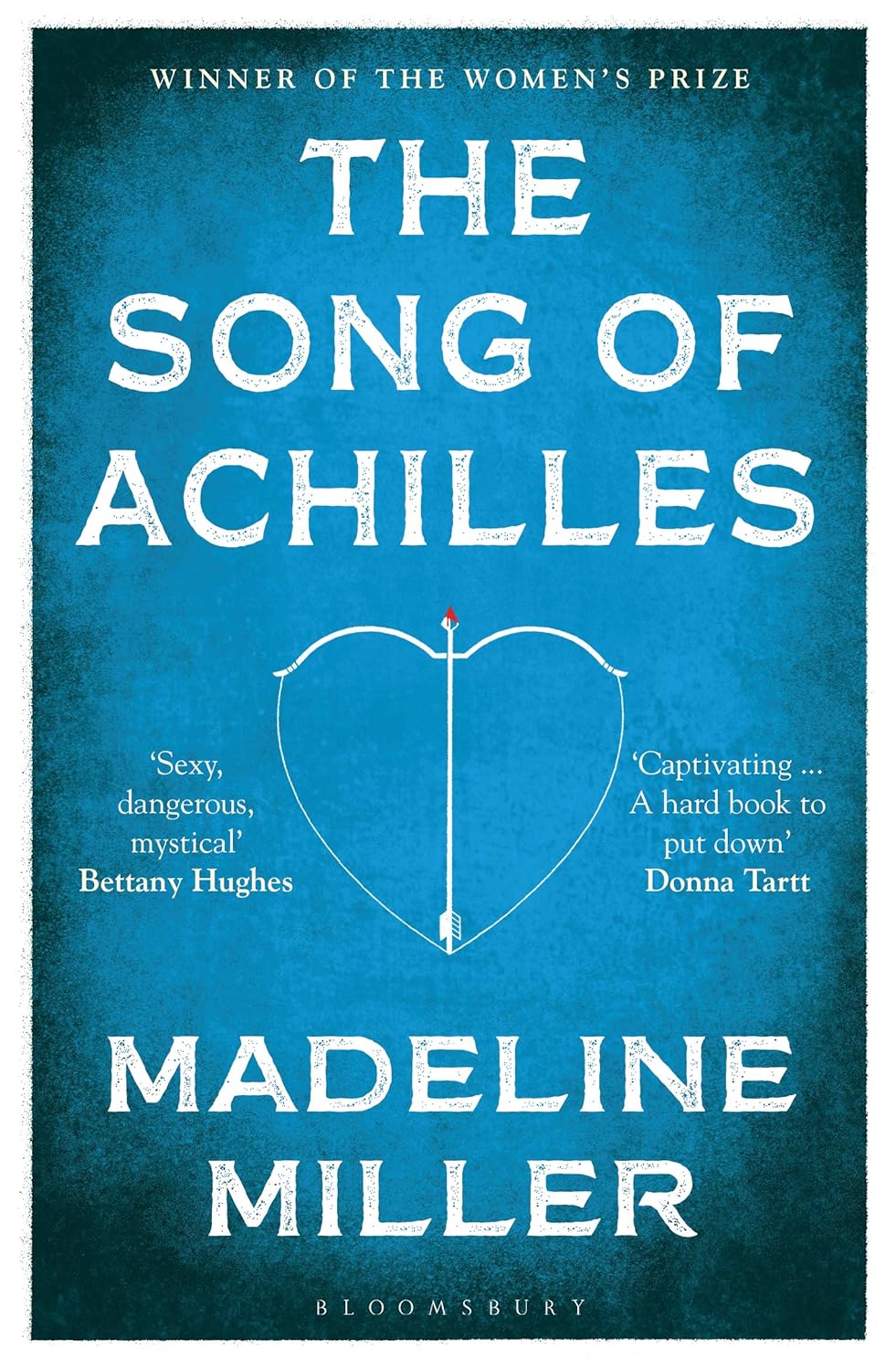 The blue book cover for The Song of Achilles. At the centre is a white bow and arrow and the shape resembles a heart.