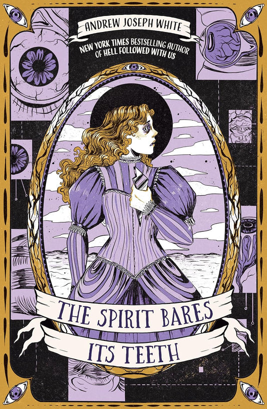 The Spirit Bares Its Teeth book cover is purple and black. It shows a teenager dressed in Victorian attire with long golden hair clutching a shard of glass.
