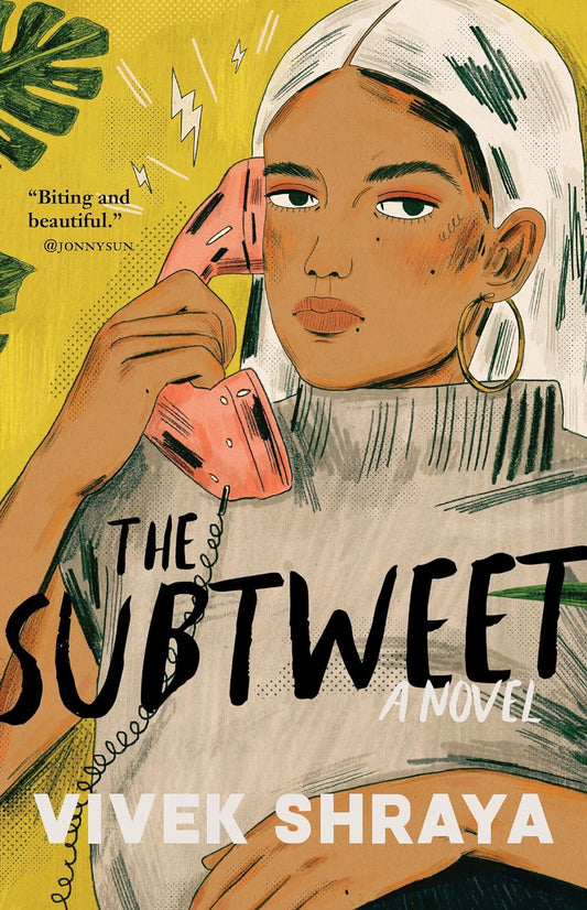 The Subtweet book cover shows a brown young lady with straight platinum hair holding a pink corded phone to her ear.
