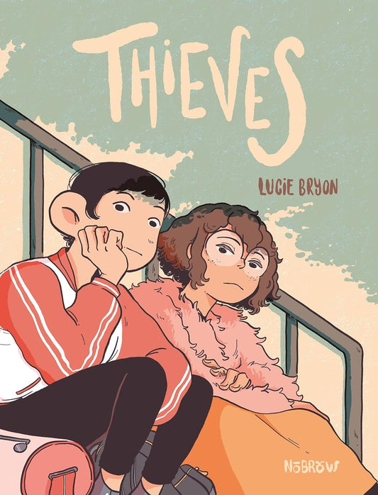 The book cover for Thieves shows two girls sat on a staircase, looking at you, the viewer. One of them appears worried, the other is calm and collected. The clothes they are wearing seem a bit expensive for girls their age.