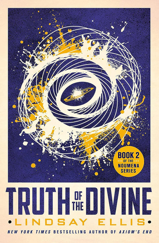 The blue book cover for Truth of the Divine shows a yellow ink splatter that resembles a galaxy. 