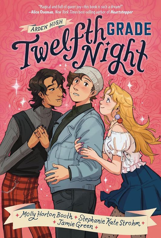The pink rosy book cover for Twelfth Grade Night shows three teenagers all stood together, all of them blushing. Two of them who are flirtatious surround one person who blushes nervously.