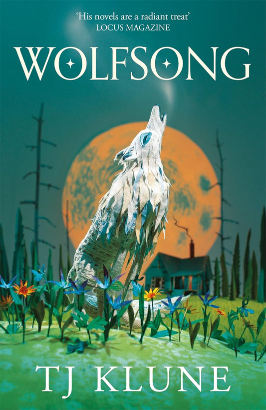 The book cover for Wolfsong shows a white wolf howling in front of a full moon. Surrounding the wolf are colourful flowers, and behind them is a cabin.