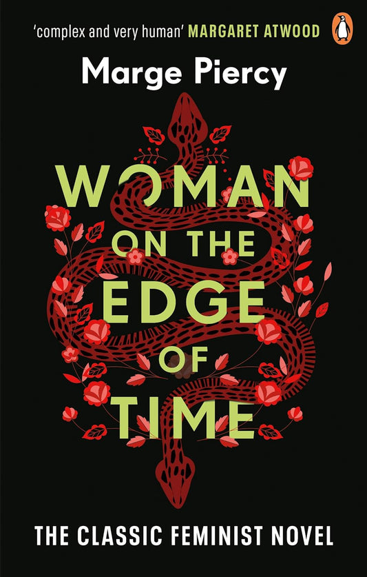 The black book cover for Woman on the Edge of Time shows a red snake with a head at both ends and red flowers surrounding it.