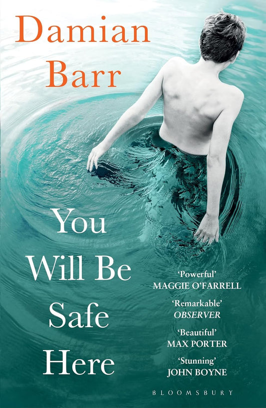 The book cover for You Will Be Safe Here shows a white boy walking through water.